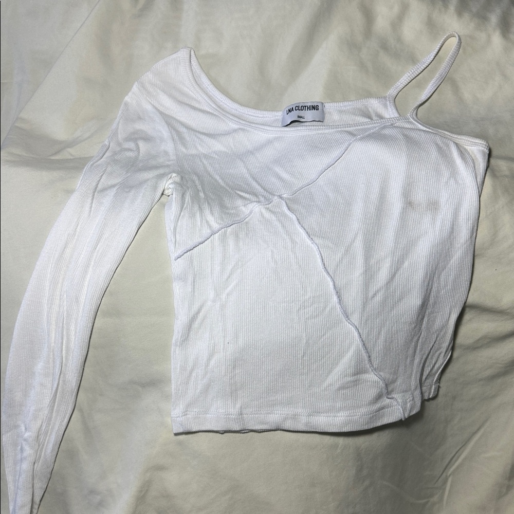 LNA Cream Asymmetrical Fitted Long Sleeve Blouse